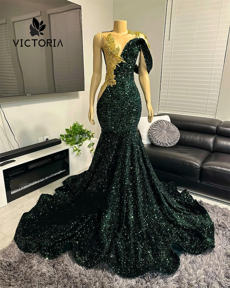 Tmavo zelený zamatový flitra z ramena Zlatý kamienok Dress Dresses 2024 Čierne ženy Diamonds morská panna Prom prispôsobené