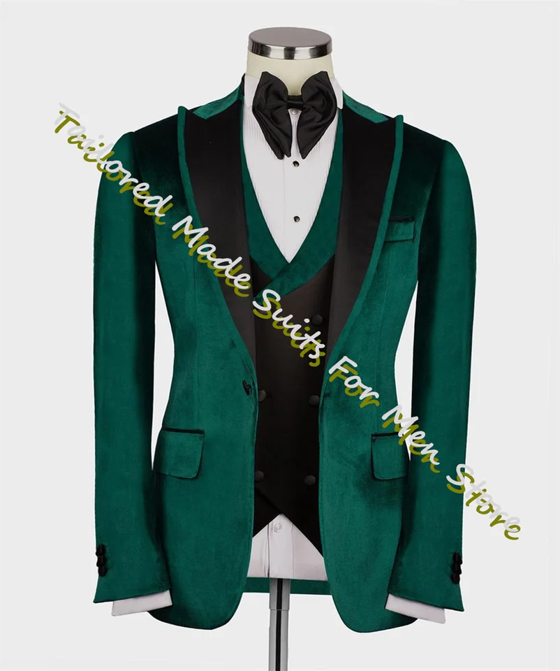 Tmavo zelený zamatový sako súpravy Slim Fit Nové do mužských súprav sa bunda vyhovuje spoločenským faktom pre mužov Sady ženícha Elegantné formálne 3 kusy