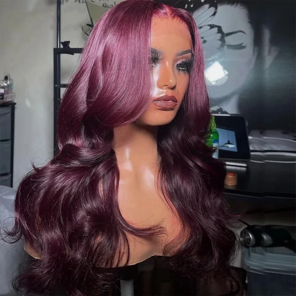 Tmavá vinutá fialová vlnitá parochňa syntetické čipky predné parochne 13x4 Deghed Purple Long Body Wave pred vytrhnutá s vlasovými vlasmi dlhé vlákno