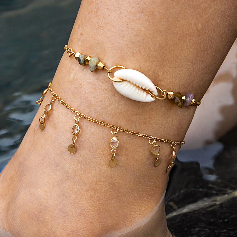 Tocona Bohemia Fashion Shell Anklet Set pre ženy Crystal Stone Geometric viacvrstvový zliatlivý zliatinový kovový reťazec nôh šperky 24864