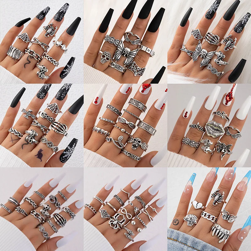 Tocona vinobranie personalizovaný tmavý motýľ lebka dutá s multi -kusovým prsteňom punk geometrický kovový kĺbový prsteň set halloween darček