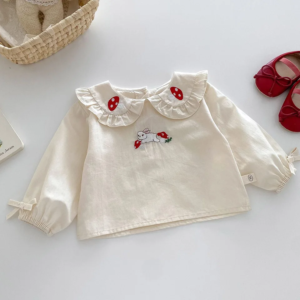 Toddler dievča s dlhým rukávom Tops Petra Pan Collar Ruffles výšivky princezná k narodeninám Boutique Boutique Dievčatá blúzka