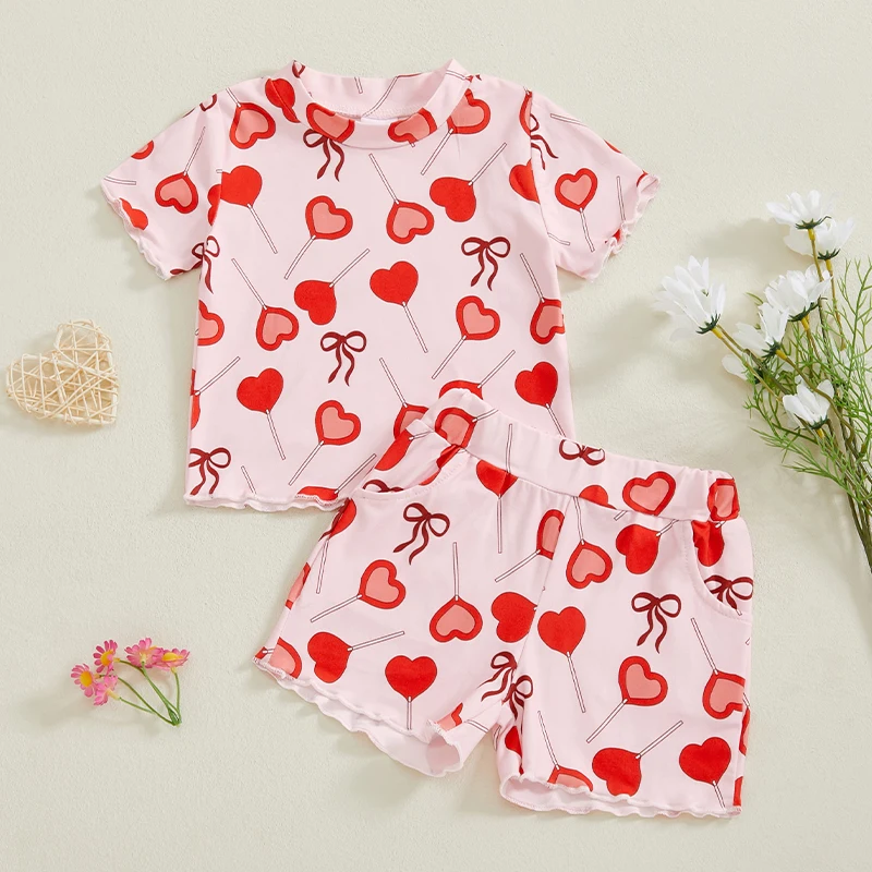 Toddler Girl Summer Set Heart Candy Print Tričko s krátkym rukávom s šortkami 2 ks