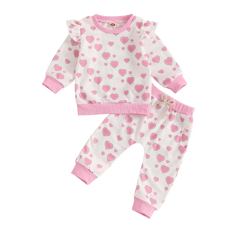 Toddler Girls Autumn Outfits Hearts Tlač jedinečných lietajúcich rukávov posádka krku Soft s nohavicami s nohavicami