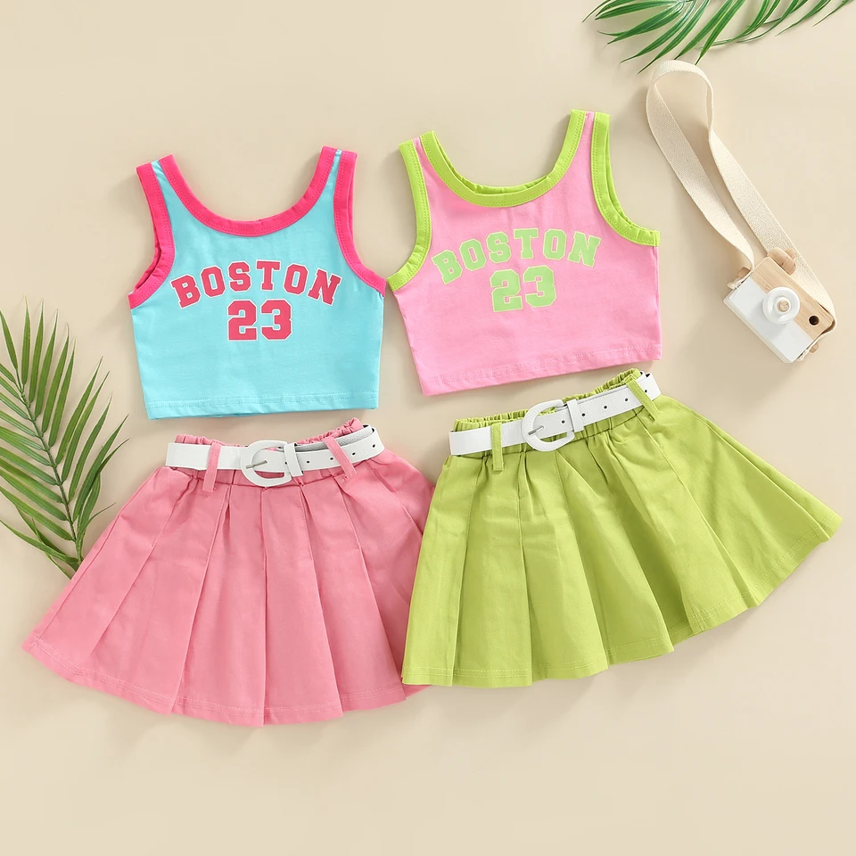 Toddler Kids Girls 3 kusy oblečenie, listy bez rukávov bez rukávov + tuhé farebné skladané sukne + pásový pás letný set 1-6T