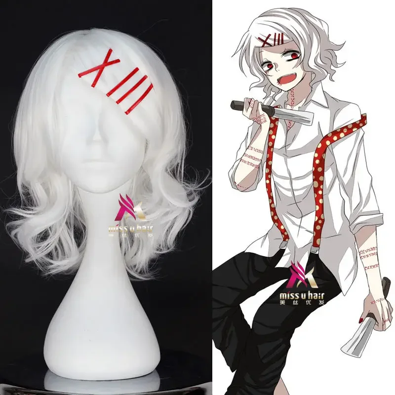 Tokio Ghoul Juzo Suzuya Juuzou Pure White Tepely odolný voči kostýmu parochňu 5 Červené vlásenky parochňa Cap MS2386