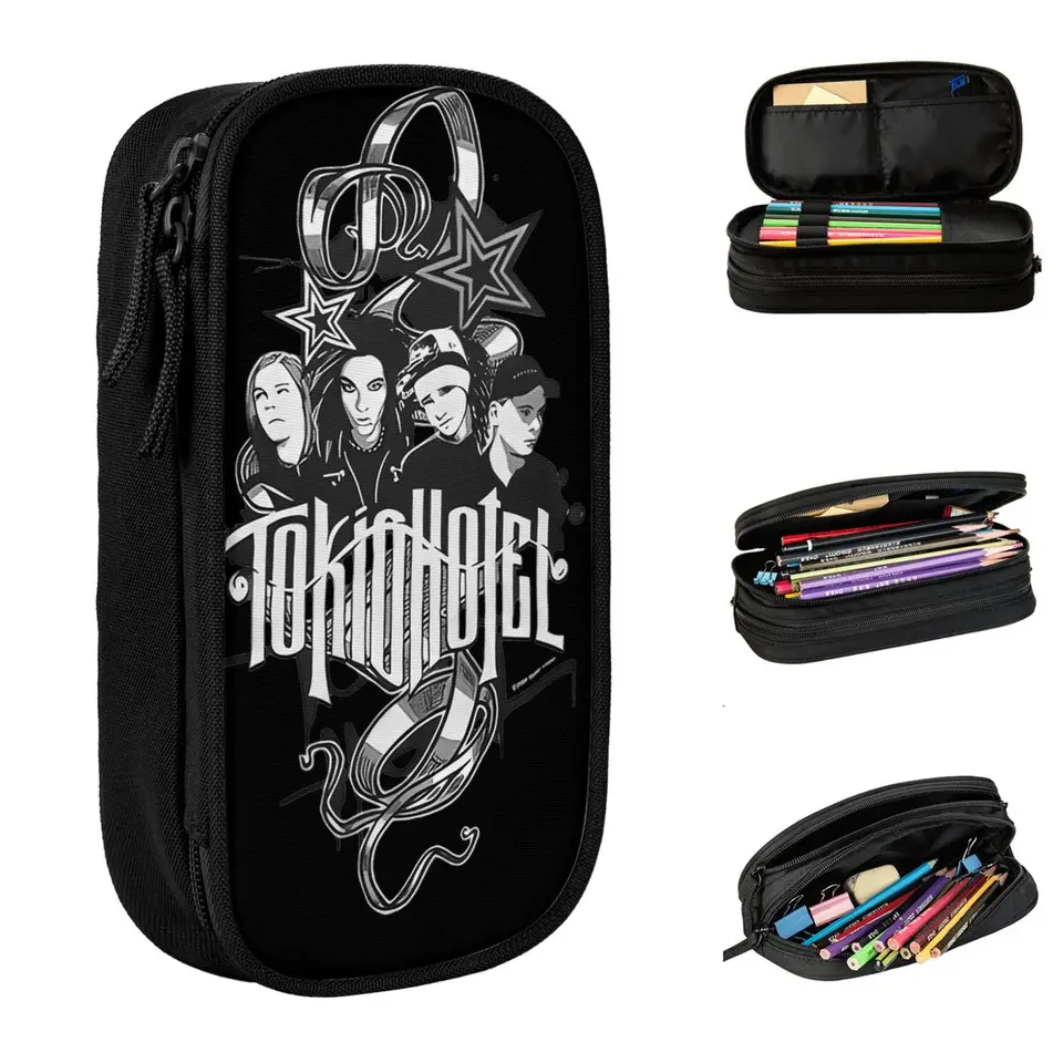 Tokio Hotel Black Pen Box Dvojvrstvová kapacita veľkej kapacity pre deti Animácia darček pre darček k narodeninám darček k narodeninám