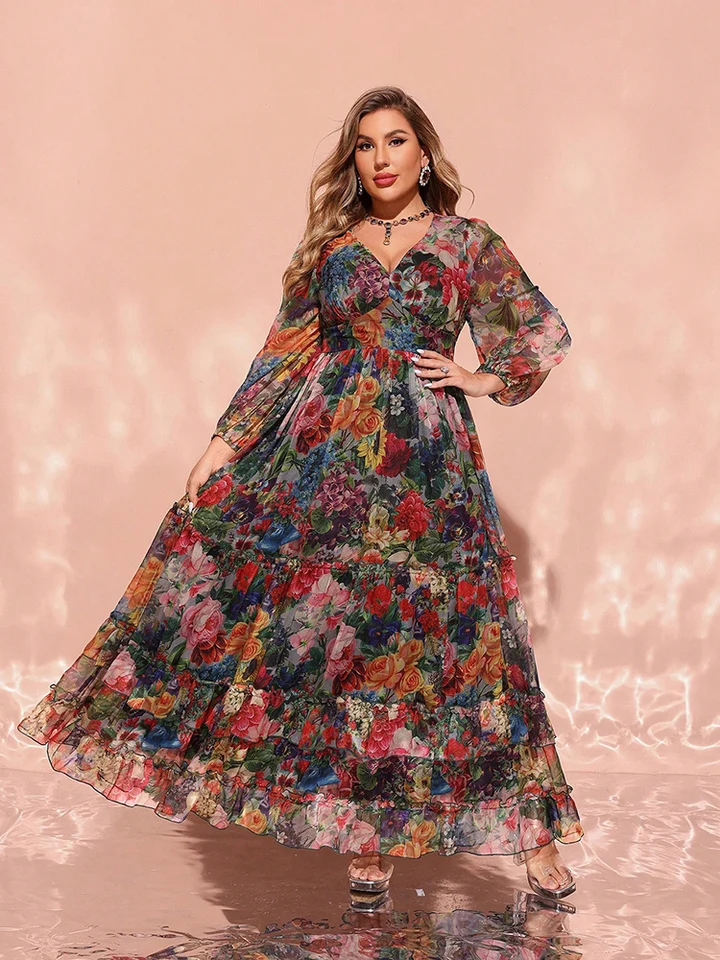 Toleen 2024 Nové jarné leto Príležitostné elegantné formálne večierky Maxi Dresses Plus veľkosť žien kvetinový tlač V-krk lampa s rukávmi šaty