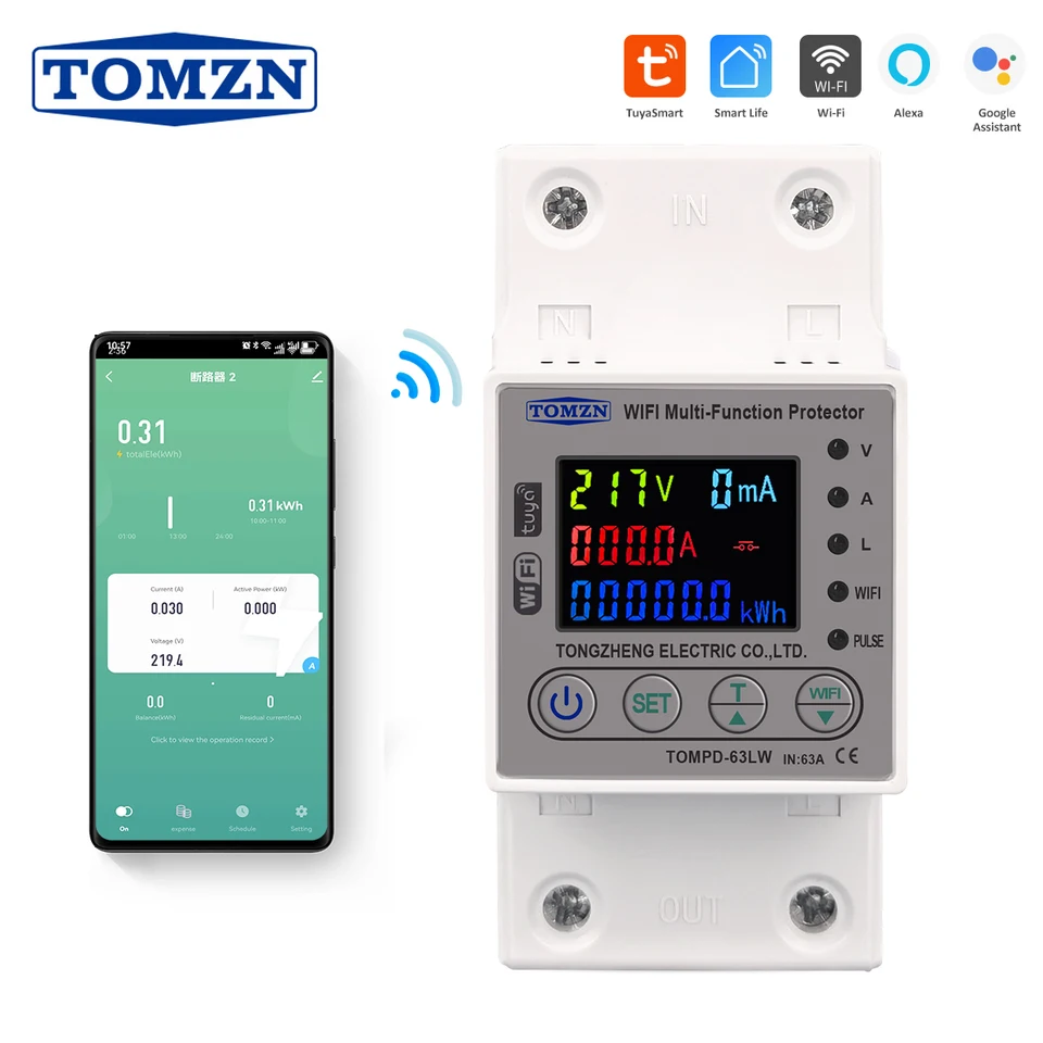 Tomzn 63a 80a WiFi Smart Energy Meter KWH Časťovač obvodu s napätím a ochrana proti úniku TUYA TOMPD