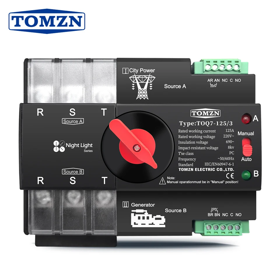 Tomzn Din Rail 3 fázová ATS 3P 63A 100A 125A 220V 230V DUAL -Power Automatický prenosový elektrický spínač Selektor Neinterrupted