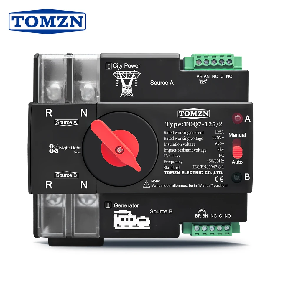 Tomzn Din Rail ATS 220V 230V Automatický prenos s dvojitým výkonom elektrického prepínača nepretržite 2p 63a 100a 125a