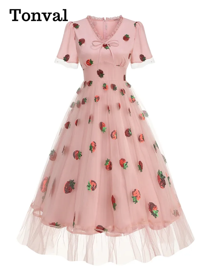 Tonval Strawberry Fliters Mesh Luxusné dlhé šaty Ženy čipkované hrana V-krk Vysoký pás Vintage večerné večierky prom elegantné šaty