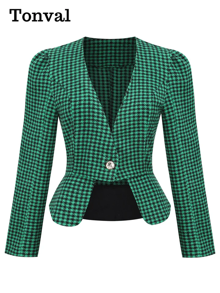 Tonval V-Neck Office Lady Outfits Single Button Houndstooth Blazers Vintage Green Coat 2023 Dámske jarné orezané sako sako bunda