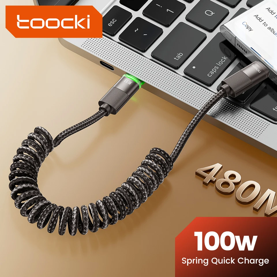 Toocki 100 W autá pružinové dátové kábel Teleskopické typy C Typ rýchleho nabíjania kábla pre iPhone 15 Samsung Xiaomi PD kábla