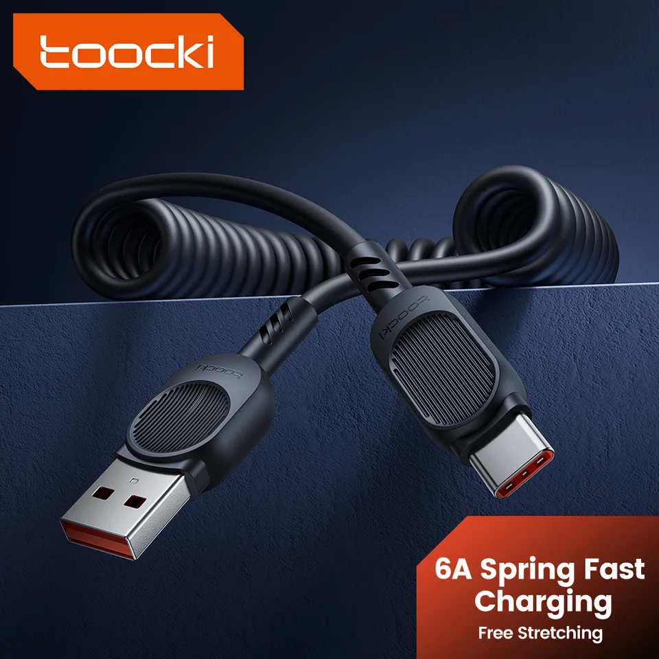 Toocki 100W USB Dátový kábel typu C Rýchle nabíjanie Spring Pull Teleskopický 6A USB C Android pre telefónny telefón s automobilom Samsung Xiaomi Huawei