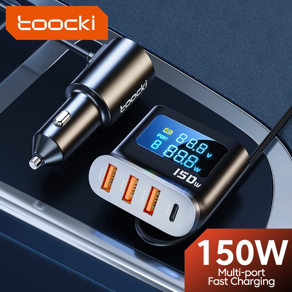 Toocki 150W 5 in 1 Adaptér nabíjačky auta PD 60 W Cigaret Spater Splitter Hub 4 port estP LED displej na nabíjačku na nabíjačku