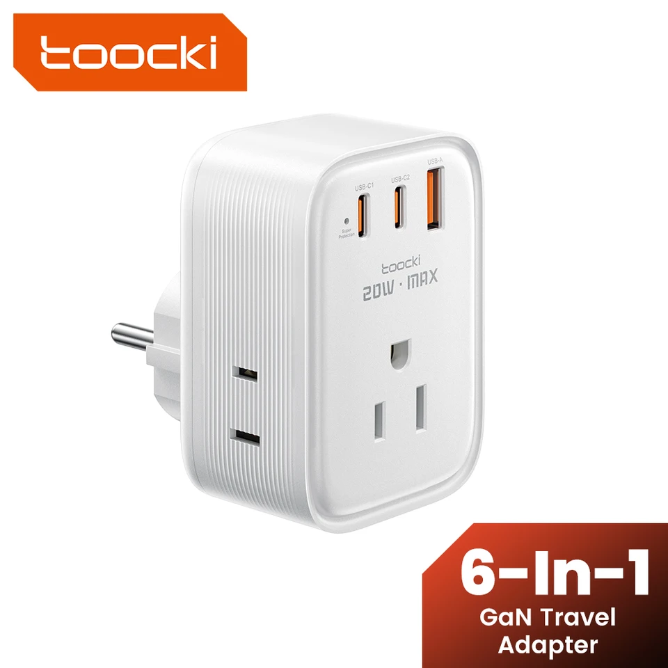 TOOCKI 20W GAN Charger Power Strip 3250W Travel Adapter s 3AC outlet QC3.0 USB PD 20W Typ C Rýchle nabíjanie pre iPhone Samsung