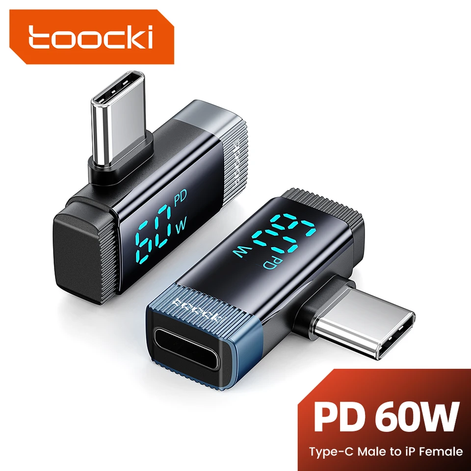 Toocki 90 stupňov blesk do typu C Adaptér OTG Connector Digital Display PD 60W Fast Nabíjanie pre iPhone 16 15 blesk do USBC
