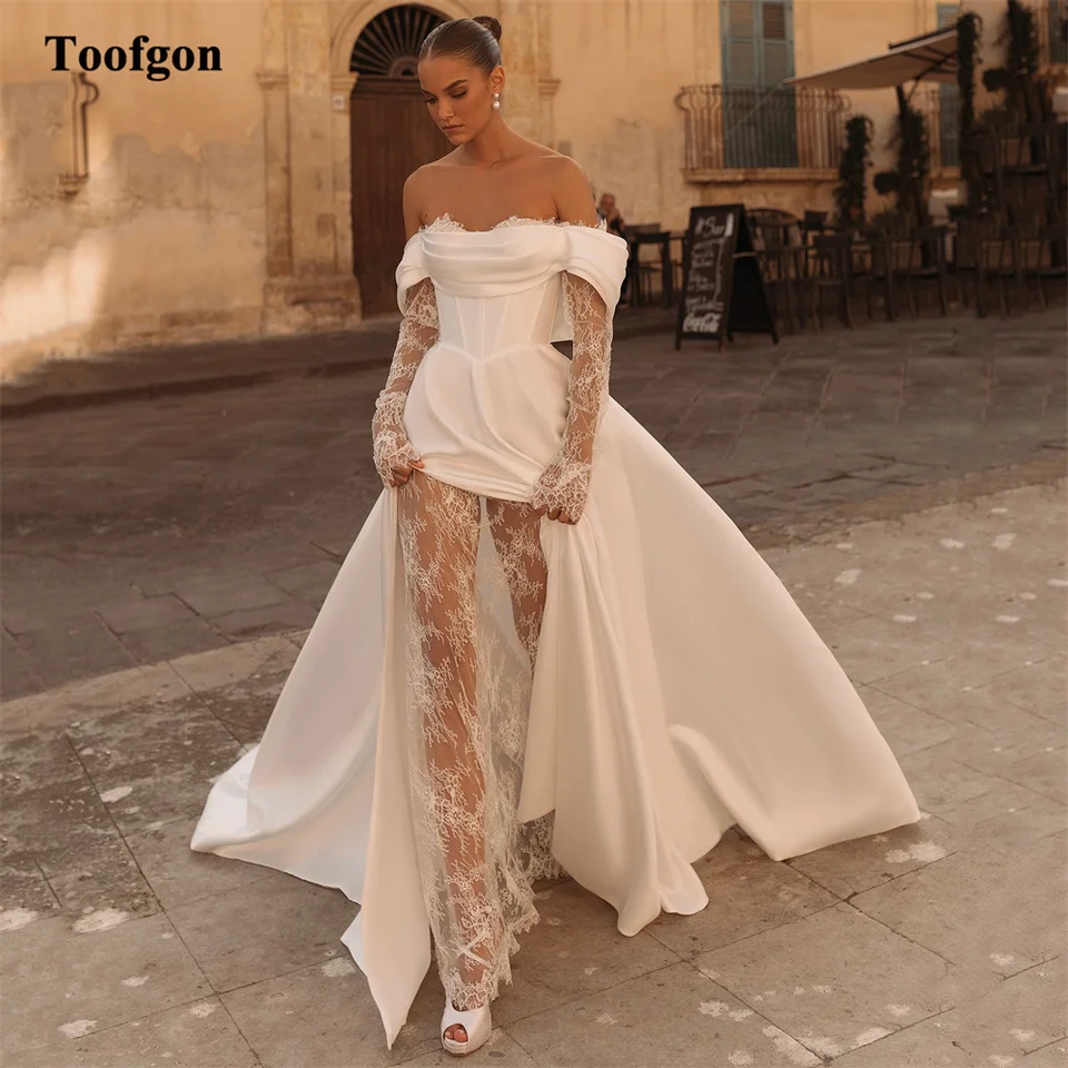 Toofgon Line Satin Lace Lace Svadobné šaty Prispôsobené svadobné šaty štrbiny dlhé rukávy Korzetová nevesta Photografia Photography 2025