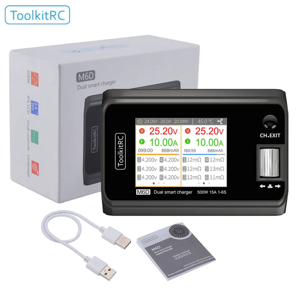 TOOLKITRC M6D 500W 15A DC DUALNEMIMI MINI MINI SMART nabíjačky s napájacím napájaním pre 1-6S LIPO batériu FPV Model vs M8