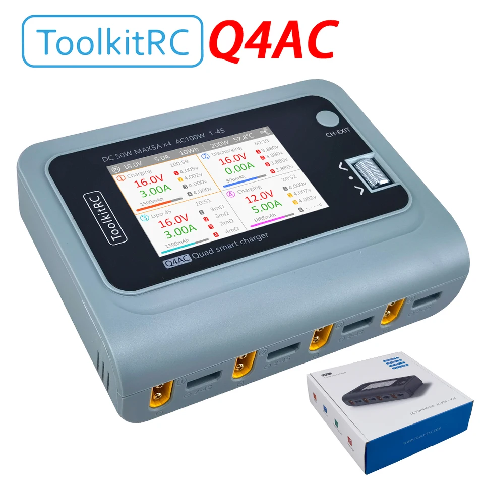 TOOLKITRC Q4AC Charger XT60 Adaptéry IPS Bright s jasným širokouhlým displejom 4x50W 5A AC 100W 4 port DC Smart Discharger AC DC