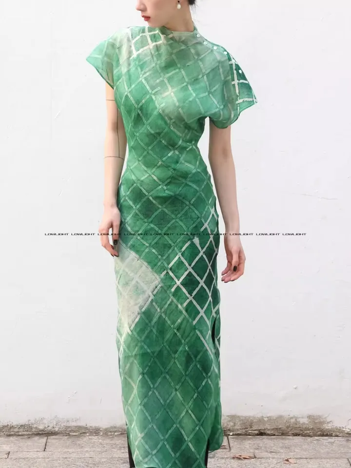 TOP END Ženy Čínsky štýl 100% Ramie Green Plaid Slim Cheongsam Šaty elegantné lady O-krk s krátkym rukávom šaty ženské plesové šaty