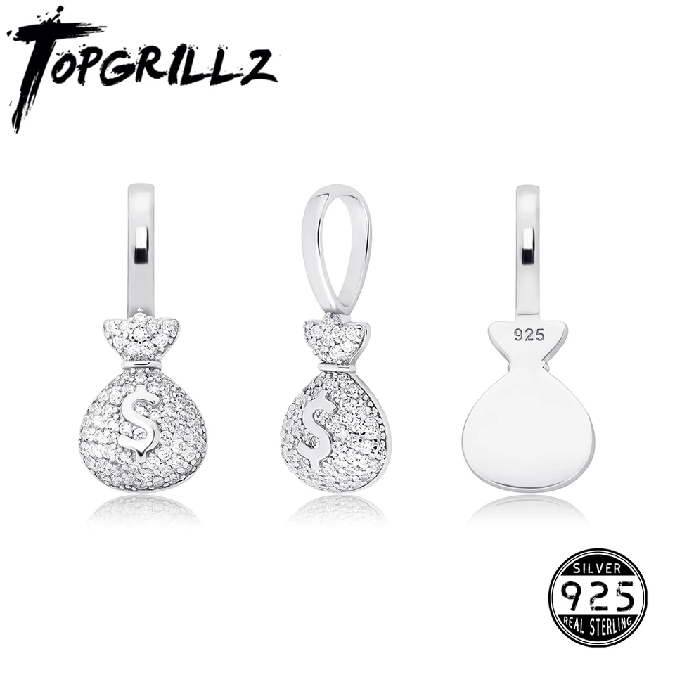 Topgrillz 925 Sterling Silver Money Bag Prívesok s krabičkou na reťaze z kubického zirkónie prívesok hip hop šperky darček pre ženy