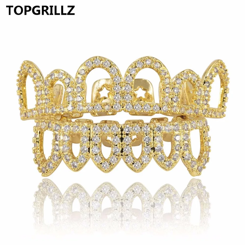 Topgrillz Hip Hop Gold Color Pletel Dutlow Out Grillz Top and Bottom zuby cz kamenné mikro dlaždice exkluzívne luxusné luxusné sady z nás