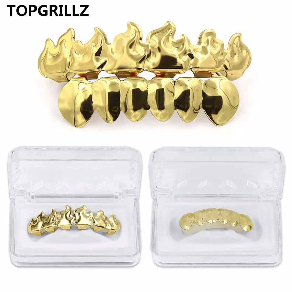 Topgrillz zlato farebná farebná hip hop zuby Grillz Flame List a spodná grilová súprava so silikónovými upírskymi zubami vianočný darček