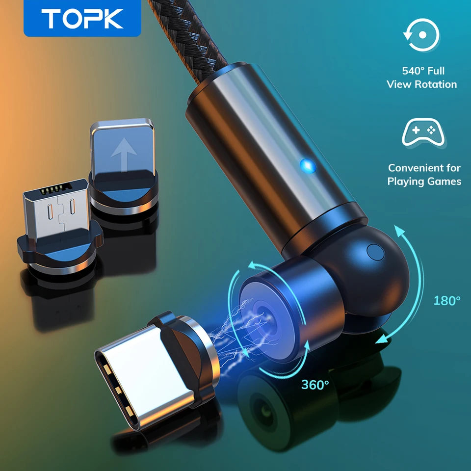 Topk AM68 540 Rotate Magnetický kábel Micro USB Kábel typu C Magnetický nabíjací kábel pre iPhone 11 Pro XS Samsung Xiaomi