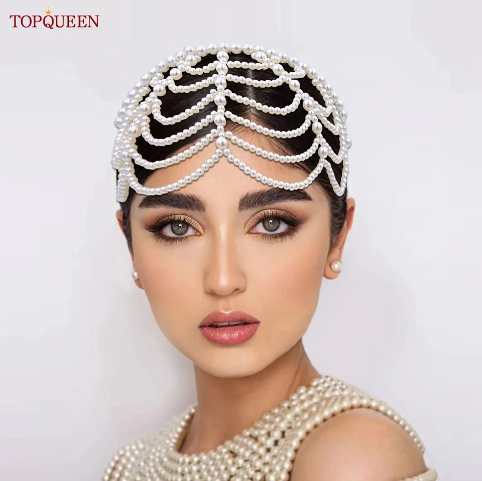 Topqueen SA01 Elegantné perly vlasy Vlasové pásma Čiastka čela Luxusná svadobná korunka Ženy šperky Denne