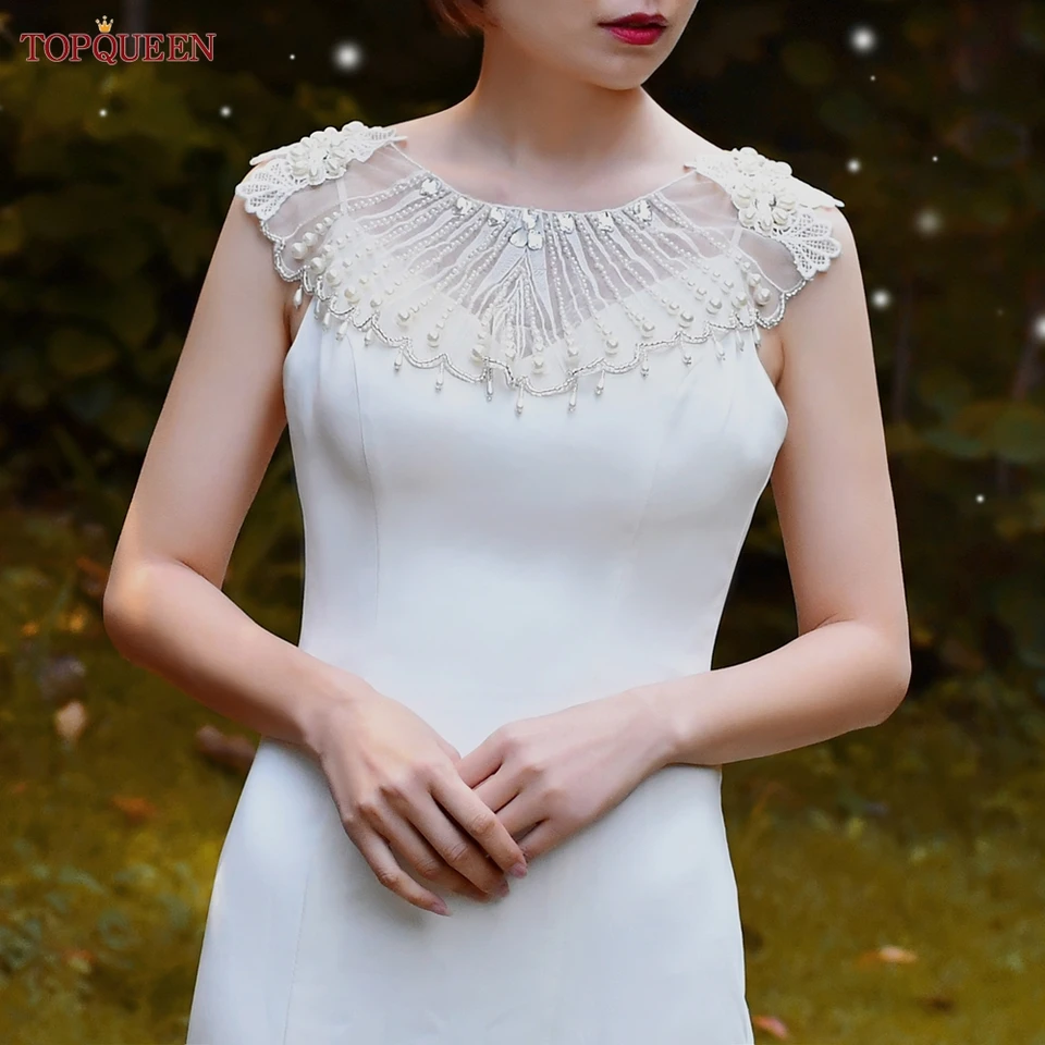 Topqueen SG08 Svadobné bolero svadobné Bolero Svadobné mys svadobnej šatky čipkarná štvorcová večierka Pariaď Cape šaty plášť biele