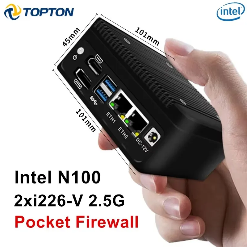 Topton Pocket Fanless Mini PC 12. Gen Alder Lake Intel N100 DDR5 Firewall Router 2XI226-V 2,5G LAN PFSense Proxmox Server ESXI Server