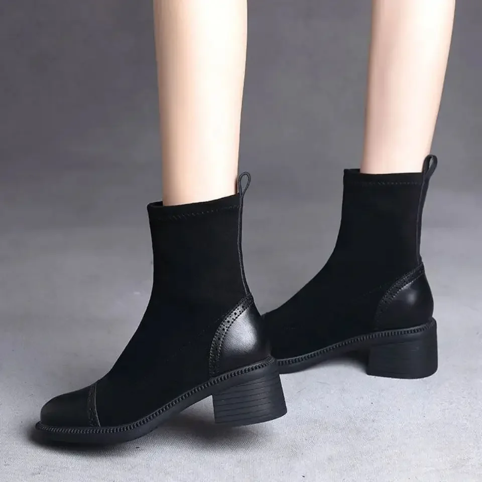 Topánky elegantné s strednými podpätkami Čierne okrúhle prsty Dámske členkové čižmy veľkej veľkosti Teplá elegantná vysoko kvalitná horúca ženská krátka obuv