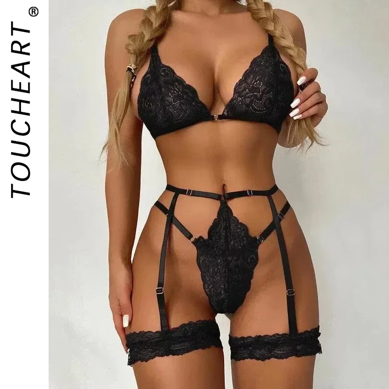 Toucheart 3 -Piece Set Sleewear Suit Sexy spodná bielizeň Ženy tenké priehľadné čipky podprsenka
