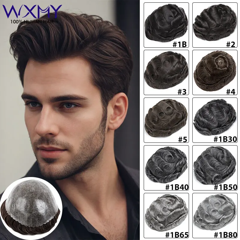 Toupee Hair Men 0,12-0,14 mm plná pokožka Základňa Mužské vlasové protéza 6 