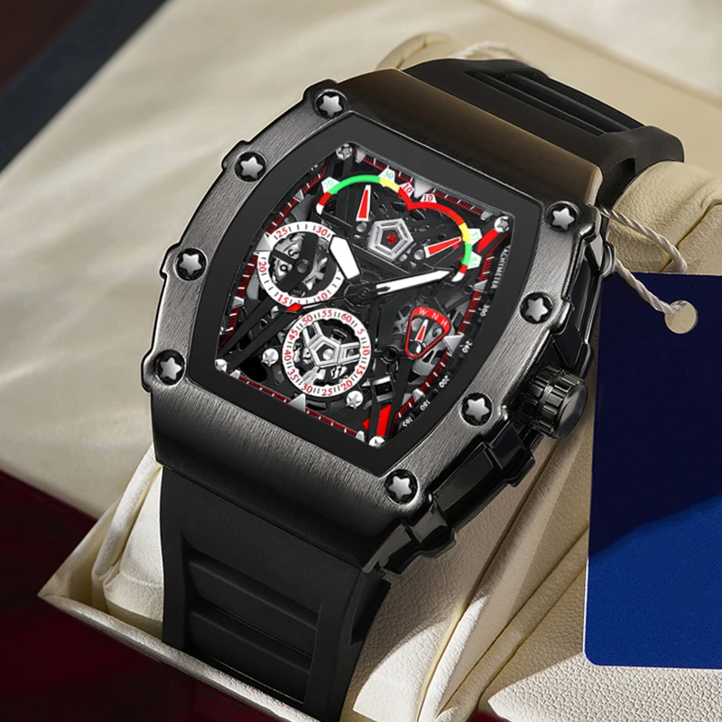 Továrenské veľkoobchodné hodinky Men Luxusná značka Čierny tonneau Quartz Watches Man Fashion Sport Guma Band Mille Relojes Dropshipping