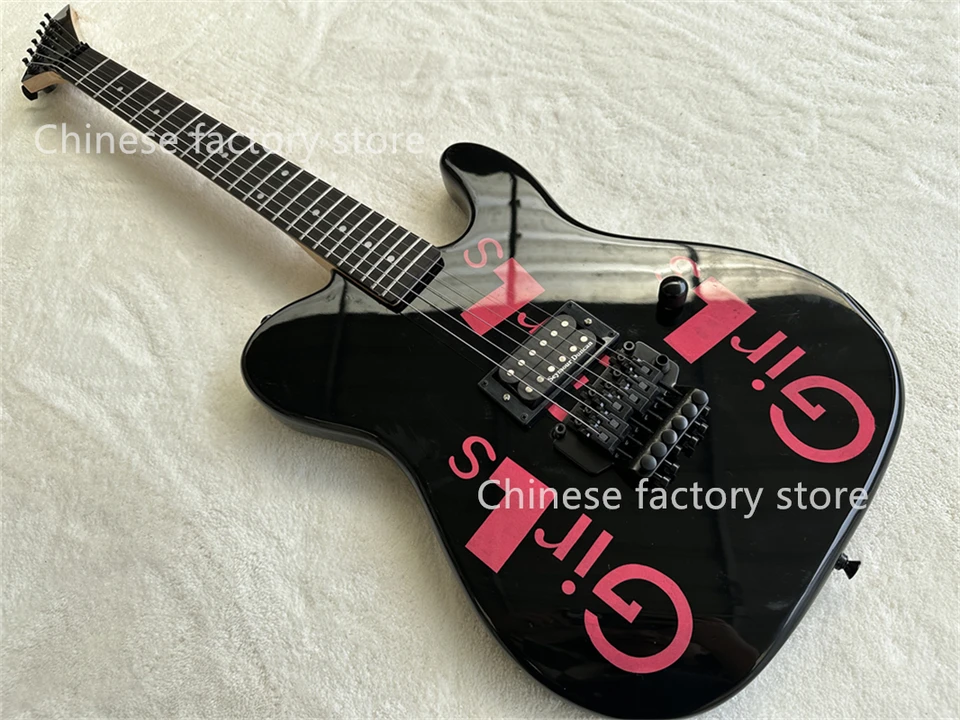 Továreň na mieru čierna 6-strunová elektrická gitara, hmatník z ružového dreva, čierne telo s podpisom dievčaťa, prispôsobiteľné