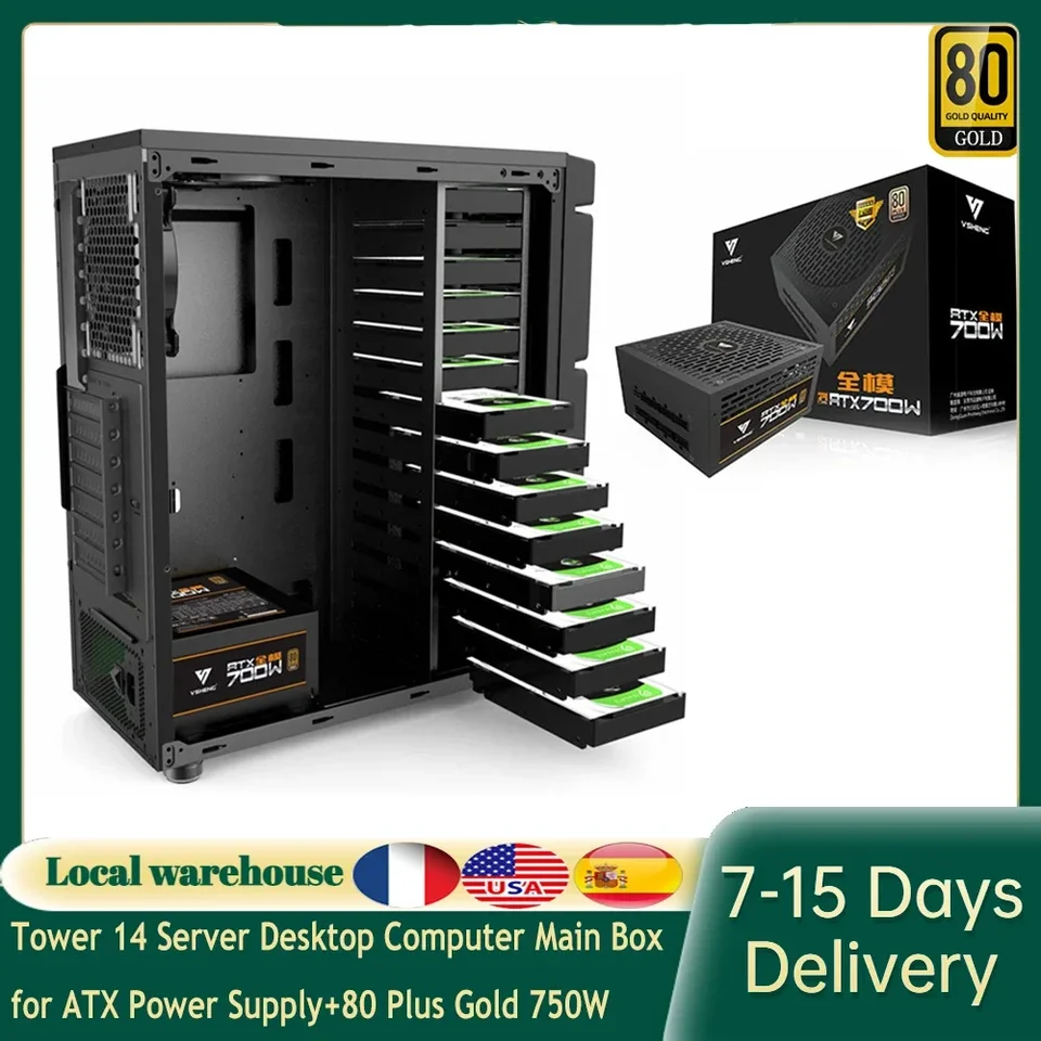 Tower 14 Bit Disk Bit Chia Multi-Disk Storage Server Desktop Comuthore Hlavná skrinka pre energiu ATX 80 Plus Golds 700W Power