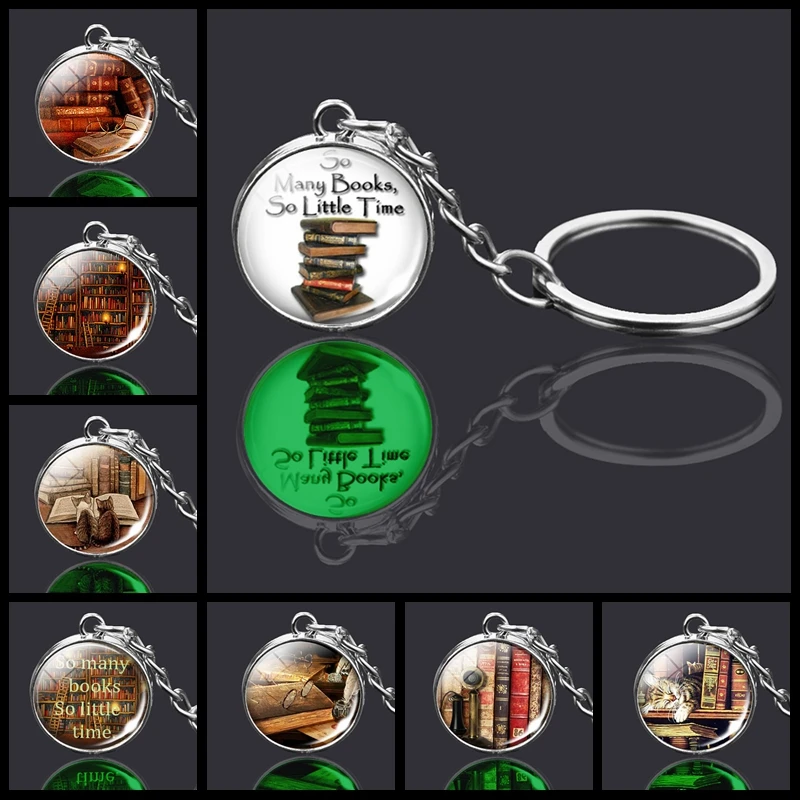 Toľko kníh tak málo času kľúča žiara v knihách Dark Glass Ball Books Picture Keyring Jewelry Darče
