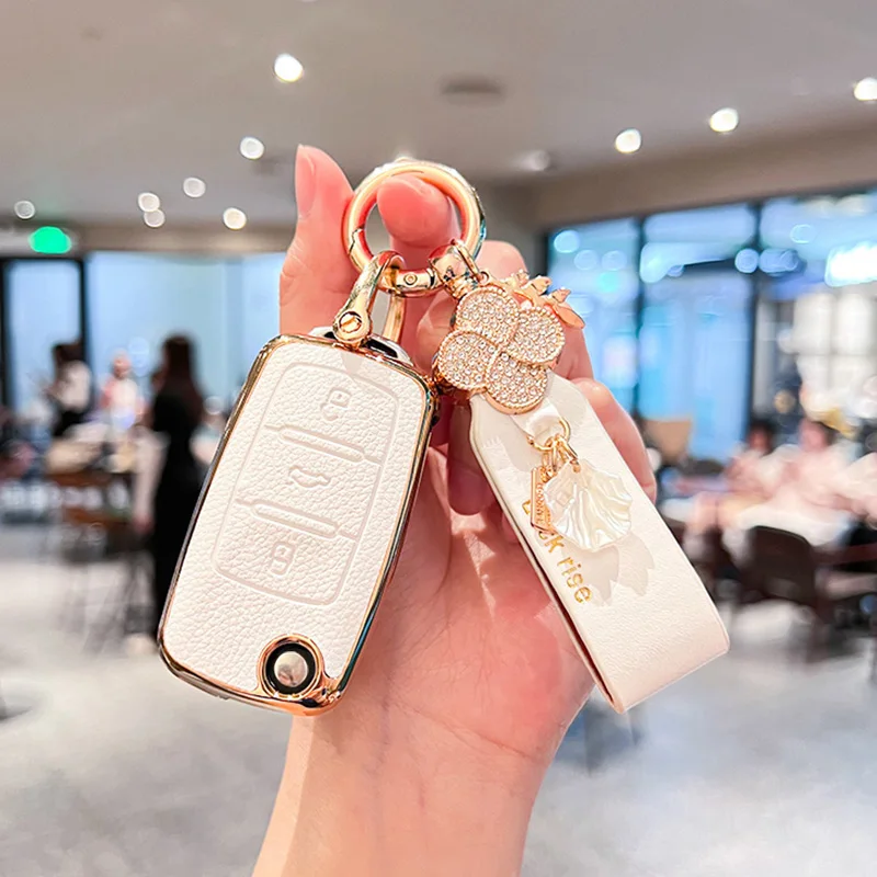 TPU+kožené auto diaľkové kľúče kryt chránenia škrupiny pre kabelku pre oktavia sedadlo Leon Altea Kodiaq Keychain FOB Accessary