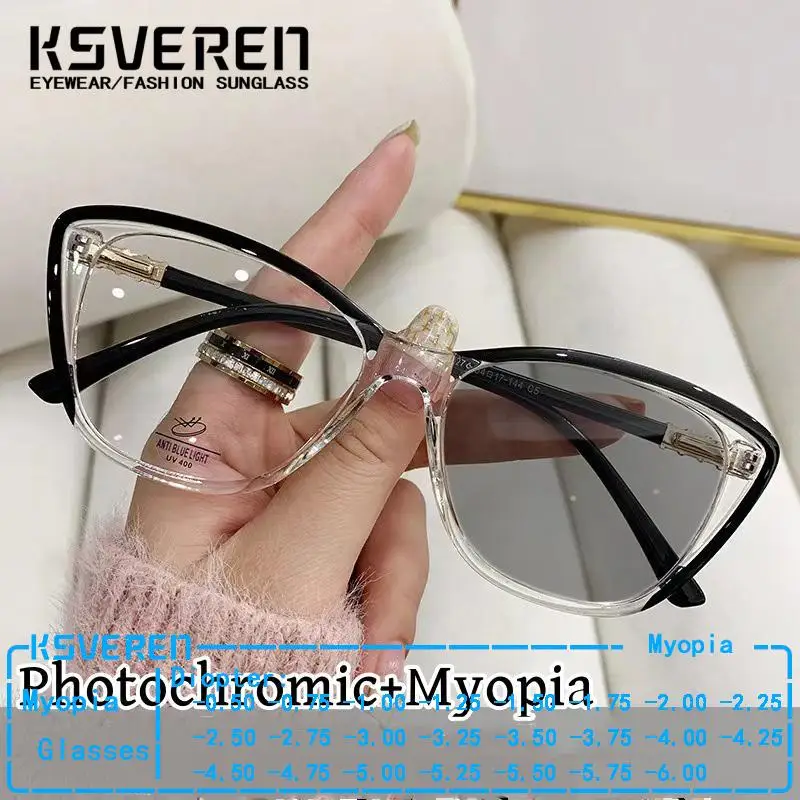 TR90 Cat Eye Photochromatické okuliare MYOPIA Žena Štýlové modré svetlo blokujúce okuliare na predpis Optické okuliare Hnacie okuliare
