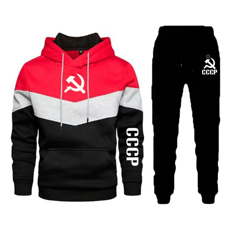 Trackovacie súpravy nových mužov 2 kusy Pánske zimné pullové mikiny Príležitostné CCCP ZSSR Sovietsky športový odev+Športové obleky Mikcie nohavičky