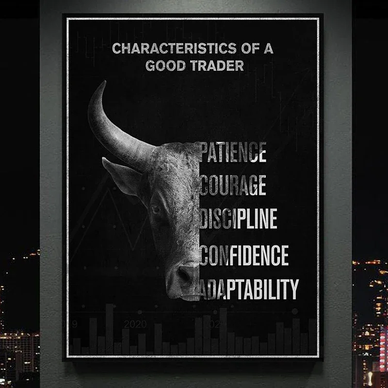 Trader Motivational plagát Charakteristika dobrého obchodníka trpezlivosti odvaha Disciplína akciový trh Úrad dekor maľba plátno
