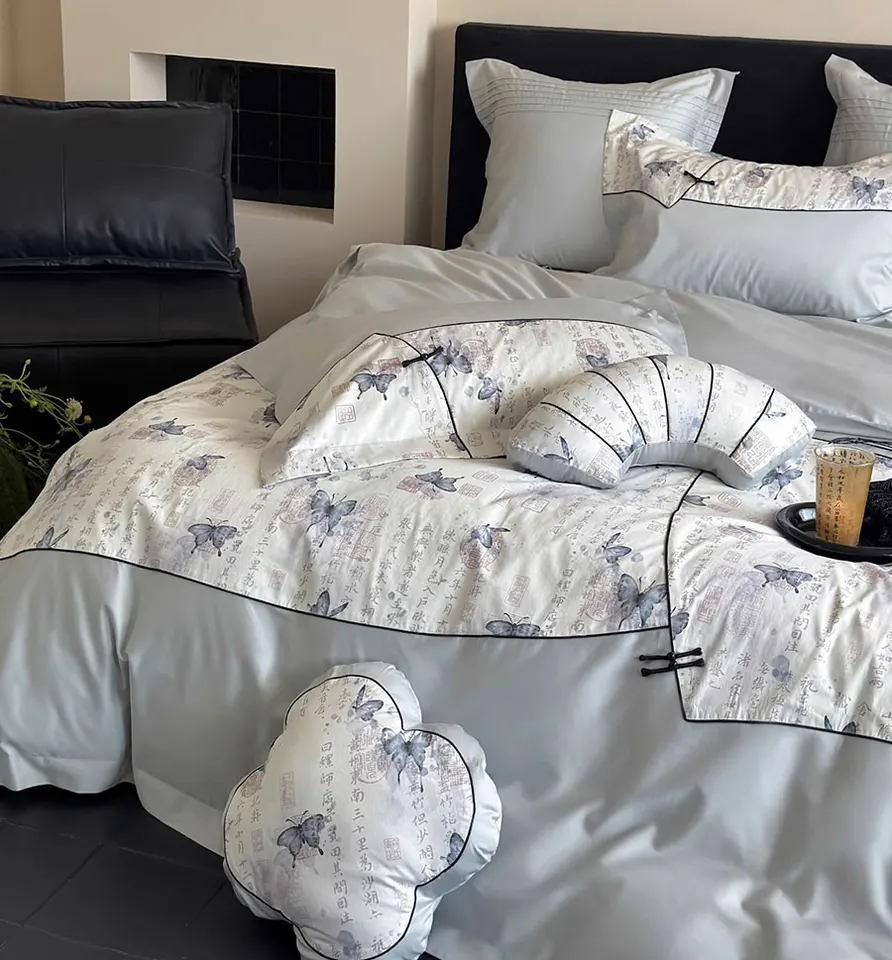 Tradičné chinoiserie Butterfly Letter Modrá posteľná sada, plná kráľovná King Cotton Home Textile Bed Bed Sheet vankúšový kryt prikrývky