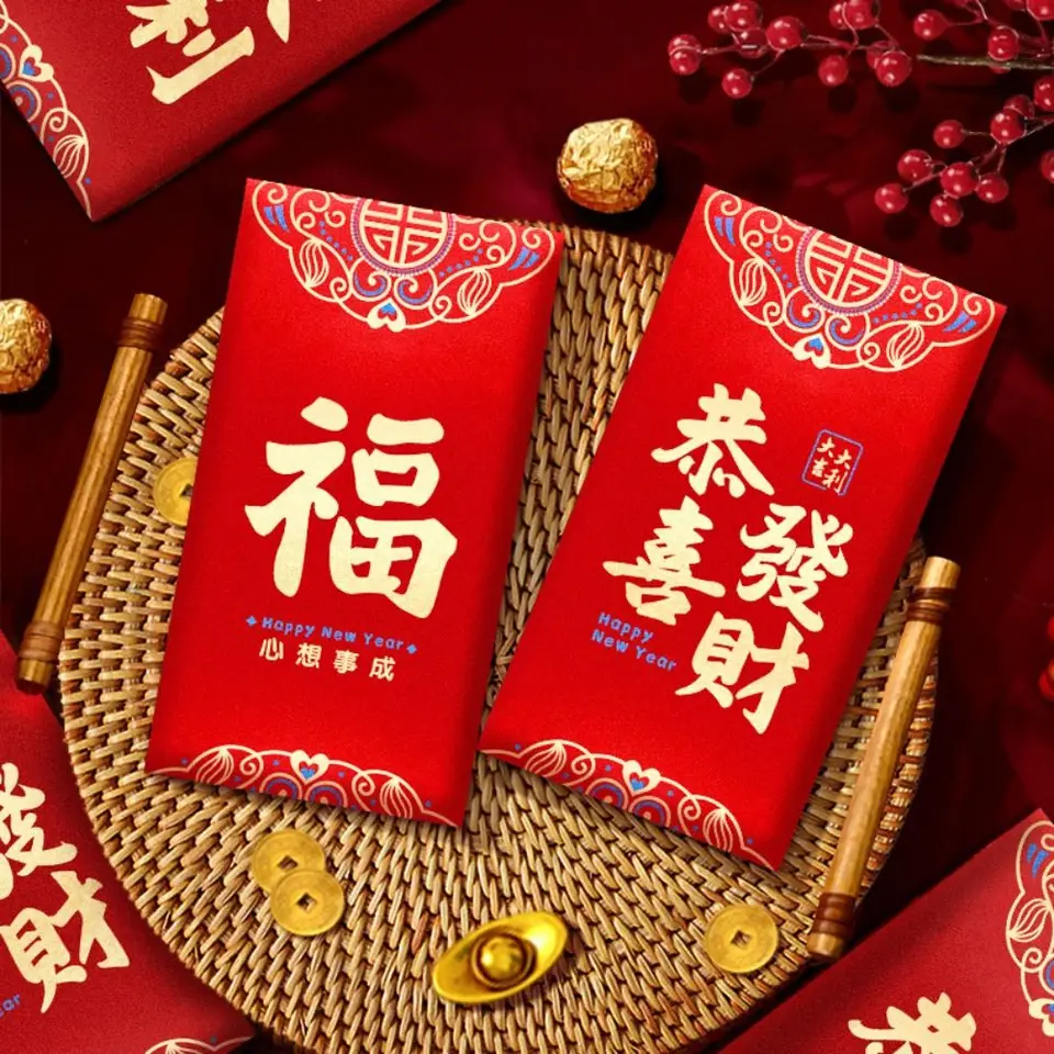 Tradičný čínsky Nový rok červená obálka, požehnanie Hongbao, Had Rok, Paper Art, Good Luck Pocket, 6ks