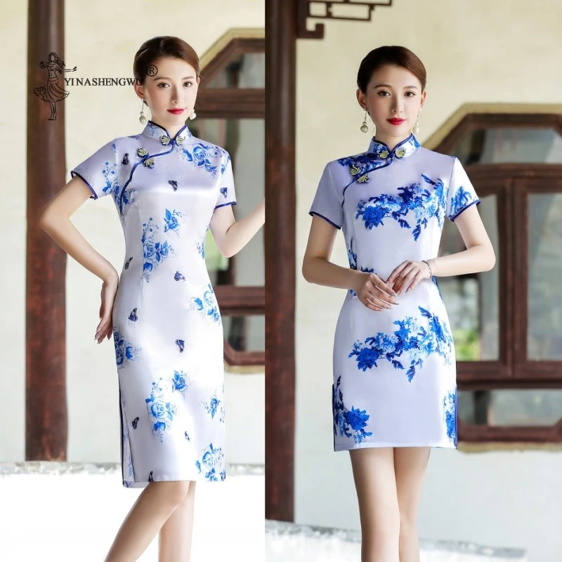 Tradičný čínsky nový štýl cheongsam mini šaty ženská orientálna nevesta svadba qipao šaty retro štíhle večerné večierky