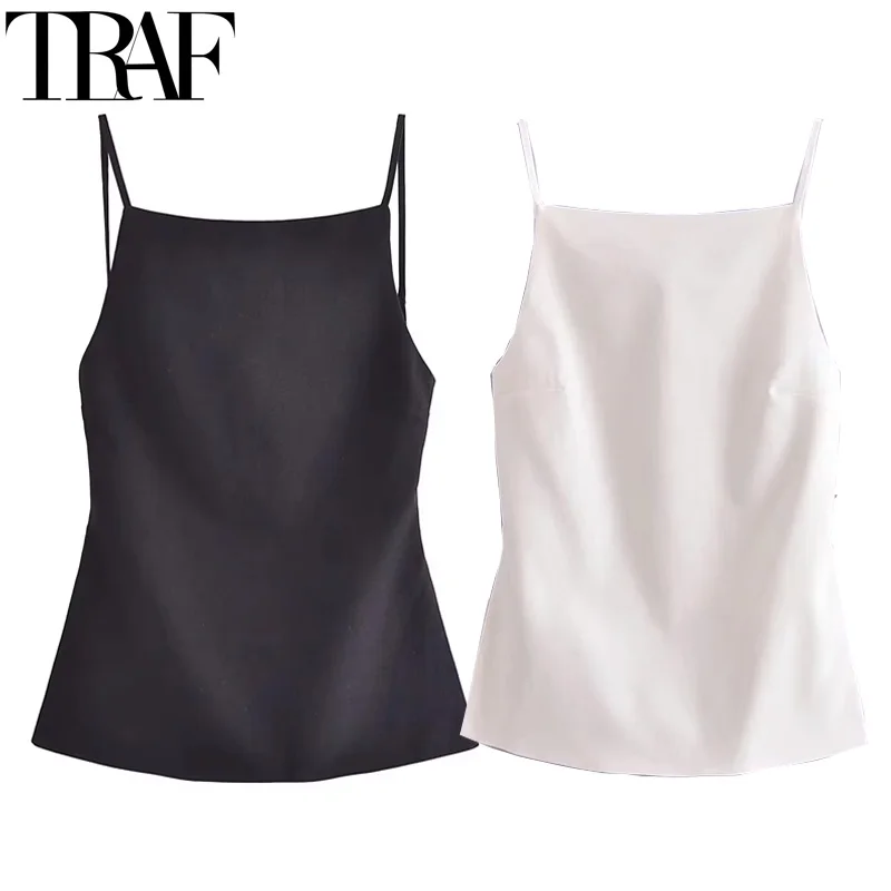 Traf bez rukávov Dámske tanky Top letné čierne plodiny Top ženy Sexy backless White Top Woman Fashion Party krátke vrcholy s popruhmi