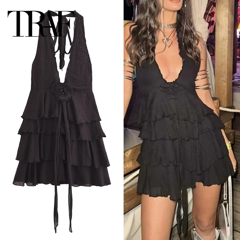 Traf Black Halter Mini Dress Woman Kvetiny Rufle krátke šaty bez zákulisí Ženy leto mimo rukávy bez rukávov Sexy párty šaty večierky