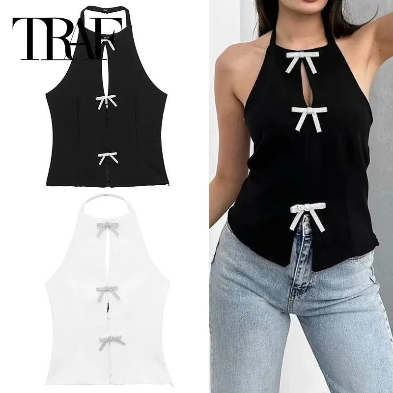 Traf bow kamhienok s dlažbami plodiny top ženy vystrihé čierne biele bez rukávov bez rukávov bezprostredne samica z ramena Sexy topy žena letné vrcholy